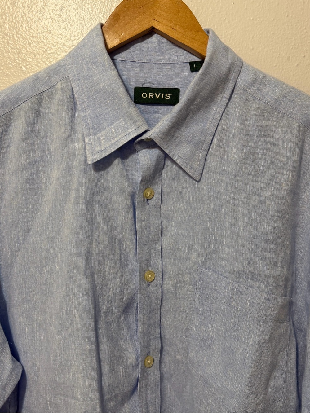Orvis light Blue 100% Linen size L Solid Long Sleeve Point Collar Dress Shirt